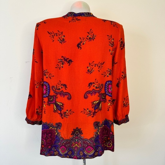 Jones New York Blouse Gold Buttons Paisley Tunic Moroccan Orange Top Shirt Sz L - Picture 3 of 16